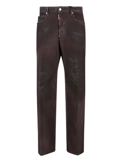 Dsquared2 Straight Trousers With Distressed Finish And Pockets In Brown