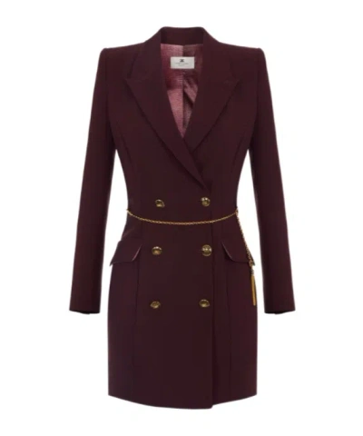Elisabetta Franchi Midi Dress With Long Sleeves And Chain In Burgundy
