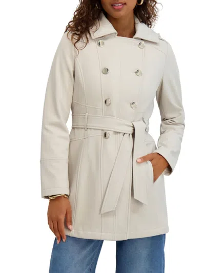 Kensie Hooded Double Breasted Soft Shell Jacket In White