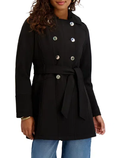 Kensie Hooded Double Breasted Soft Shell Jacket In Black