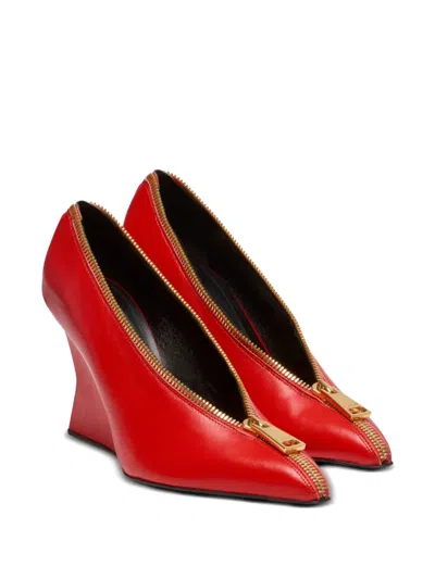 Balmain Zip Wedge Pumps In Lambskin Leather In Red