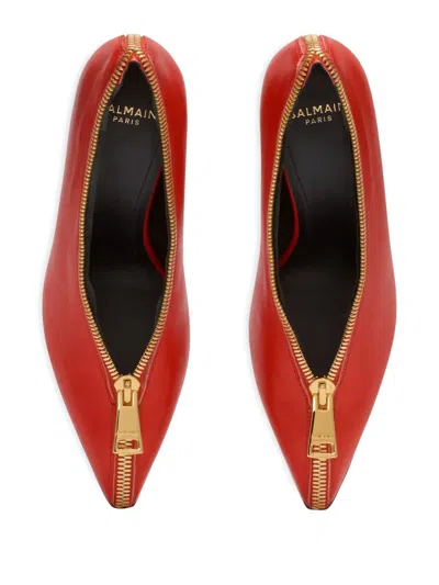 Balmain Zip Wedge Pumps In Lambskin Leather In Red