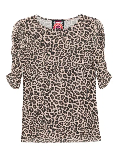 Johnny Was Ruched-sleeved Mesh Top In Animal Print