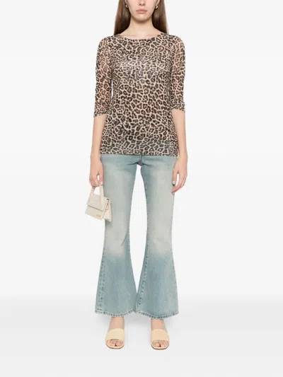 Johnny Was Ruched-sleeved Mesh Top In Animal Print