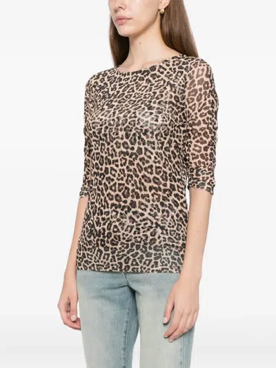 Johnny Was Ruched-sleeved Mesh Top In Animal Print