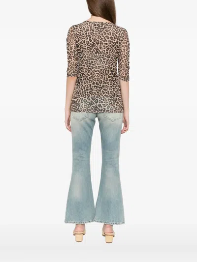 Johnny Was Ruched-sleeved Mesh Top In Animal Print