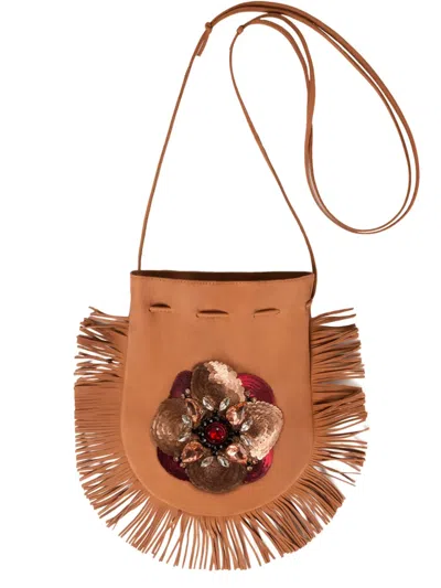 La Doublej Fringed-trim Sequin-embellished Shoulder Bag In Brown