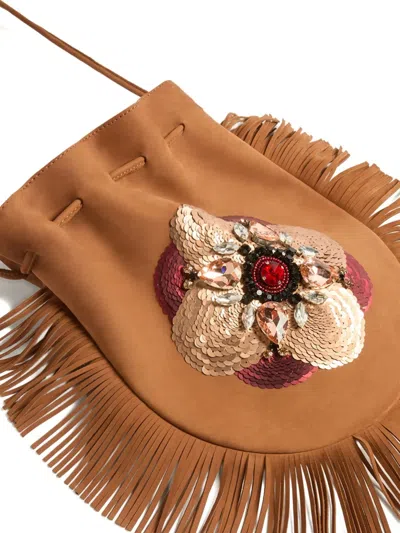 La Doublej Fringed-trim Sequin-embellished Shoulder Bag In Brown