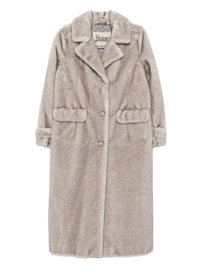 Herno Long Faux Fur Coat With Classic Collar And Button Closure In Gray