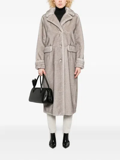Herno Long Faux Fur Coat With Classic Collar And Button Closure In Gray