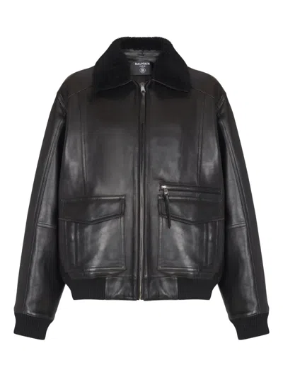 Balmain Lambskin Aviator Bomber Jacket In Black