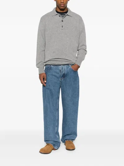 Amaranto Fine Knit Pullover With Classic Polo Collar And Button Placket In Gray