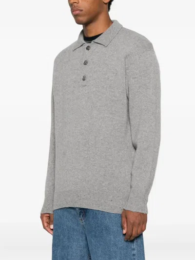 Amaranto Fine Knit Pullover With Classic Polo Collar And Button Placket In Gray
