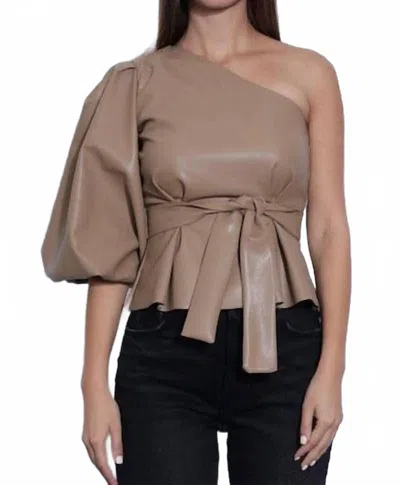 Karina Grimaldi Faux Leather One Shoulder Top In Tan In Multi