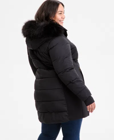 Michael Kors Michael  Plus Size Faux-fur-trim Hooded Puffer Coat, Exclusively At Macy's In Black