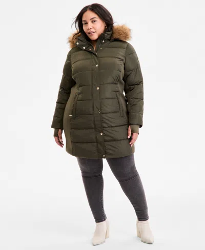 Michael Kors Michael  Plus Size Faux-fur-trim Hooded Puffer Coat, Exclusively At Macy's In Green