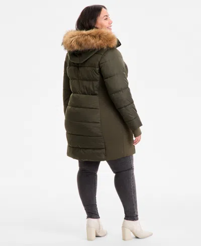 Michael Kors Michael  Plus Size Faux-fur-trim Hooded Puffer Coat, Exclusively At Macy's In Green