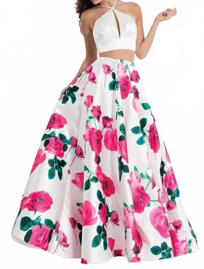 Rachel Allan Two-piece Halter Ballgown In White/fuchsia In Multi