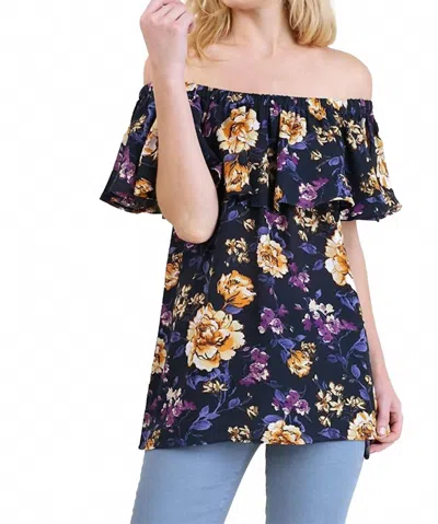 Umgee Off The Shoulder Floral Print Top In Navy In Blue