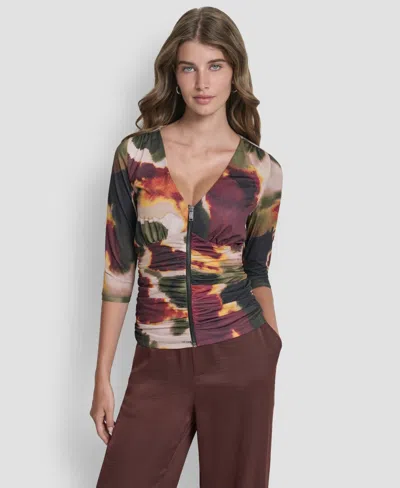 Dkny Women's 3/4-sleeve Zip Front Top In Multi