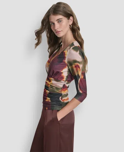 Dkny Women's 3/4-sleeve Zip Front Top In Multi