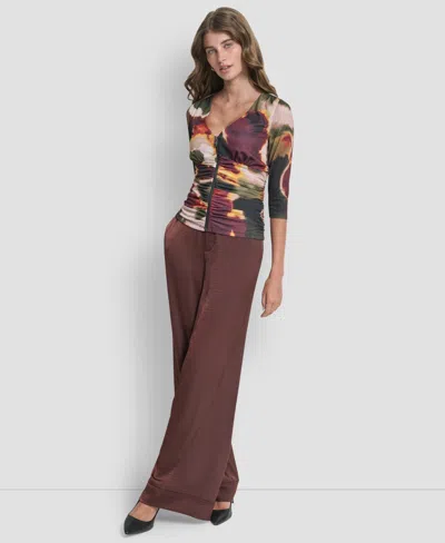 Dkny Women's 3/4-sleeve Zip Front Top In Multi