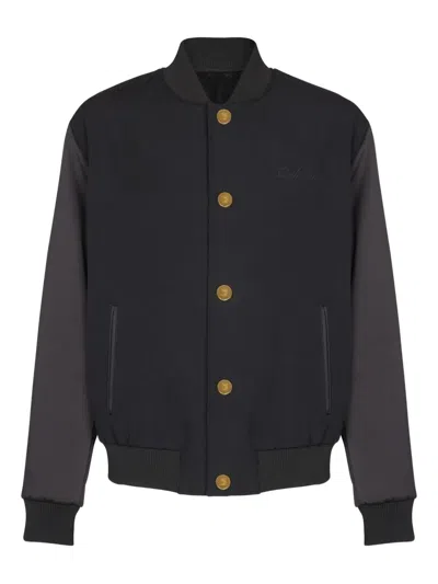 Balmain Varsity Jacket In Grain De Poudre Wool And Satin In Black