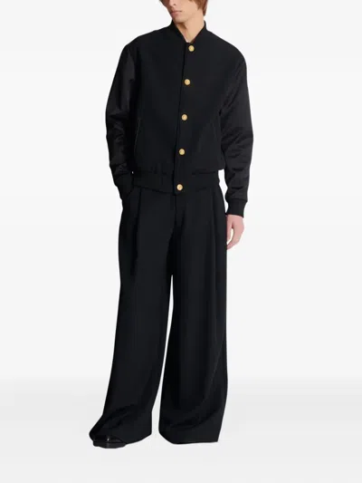 Balmain Varsity Jacket In Grain De Poudre Wool And Satin In Black