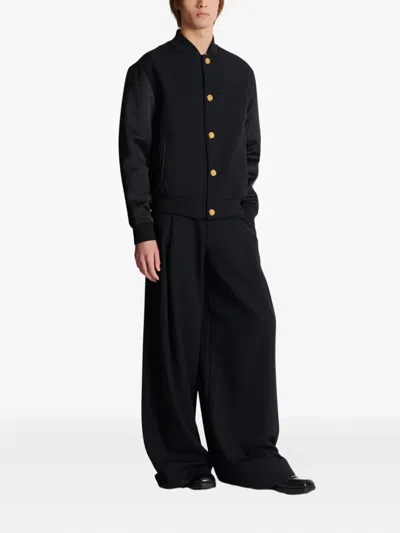 Balmain Varsity Jacket In Grain De Poudre Wool And Satin In Black