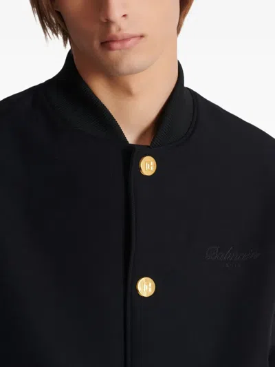 Balmain Varsity Jacket In Grain De Poudre Wool And Satin In Black