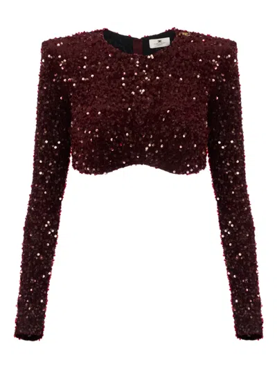 Elisabetta Franchi Cropped Long-sleeved Top With Scalloped Hem In Red