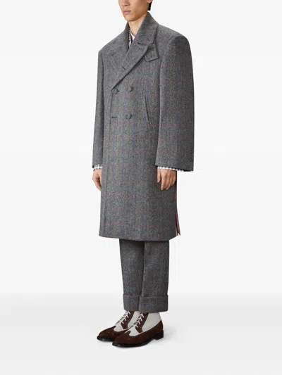 Thom Browne Checked Double-breasted Coat In Gray
