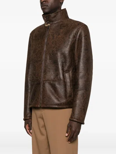 Etro Floral-pattern Leather Jacket In Brown
