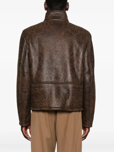 Etro Floral-pattern Leather Jacket In Brown