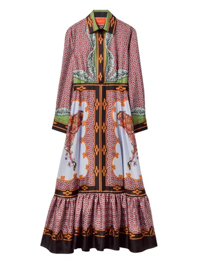 长袖图案真丝中长连衣裙