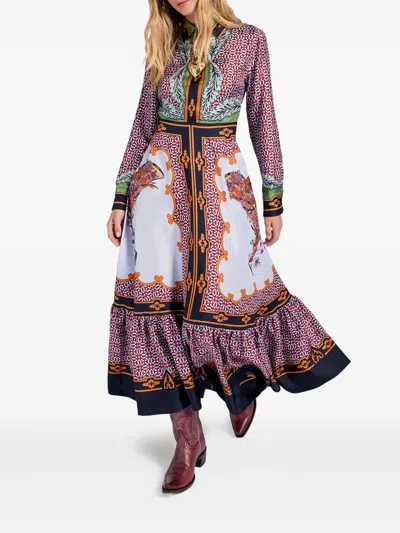 长袖图案真丝中长连衣裙