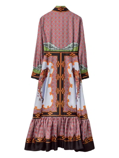 长袖图案真丝中长连衣裙