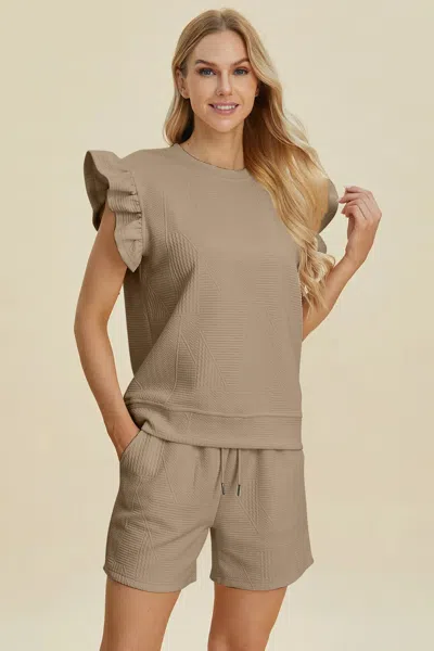 Truedames Full Size Texture Round Neck Ruffle Sleeve Top And Shorts Set In Brown