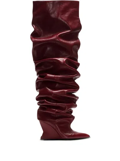 Balmain 95mm Calfskin Ruched Wedge Over-the-knee Boots In Red