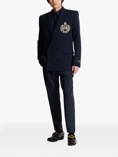 Balmain Wool Crystal-embellished Emblem Blazer In Blue