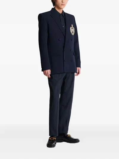 Balmain Wool Crystal-embellished Emblem Blazer In Blue