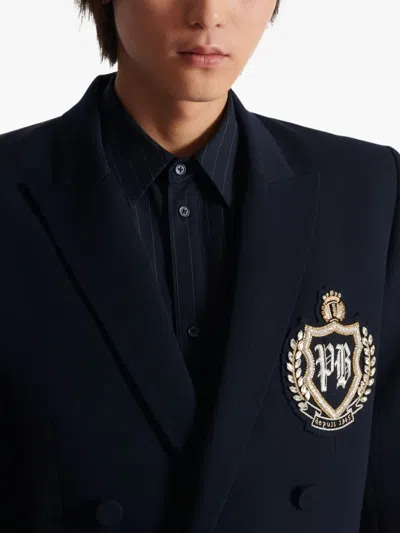 Balmain Wool Crystal-embellished Emblem Blazer In Blue