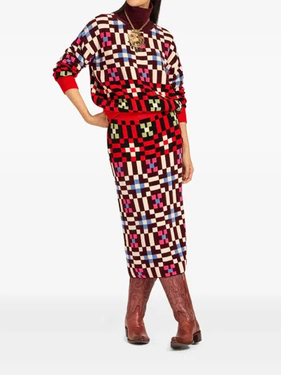 La Doublej Byte Geometric-pattern Knit Skirt In Red