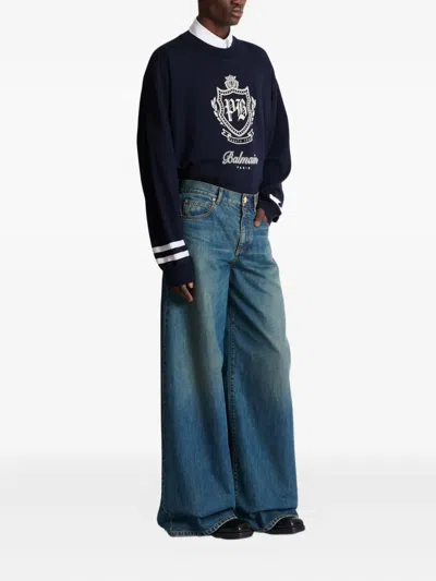 Balmain Wide-leg Faded Denim Jeans In Blue