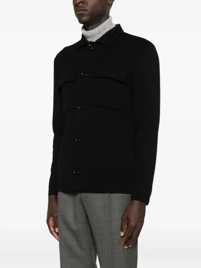 Lardini Knitted Jacket With Collared Front Pockets In Black