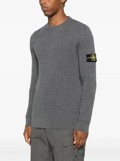 Stone Island Ribbed Sweater With Application In Gray