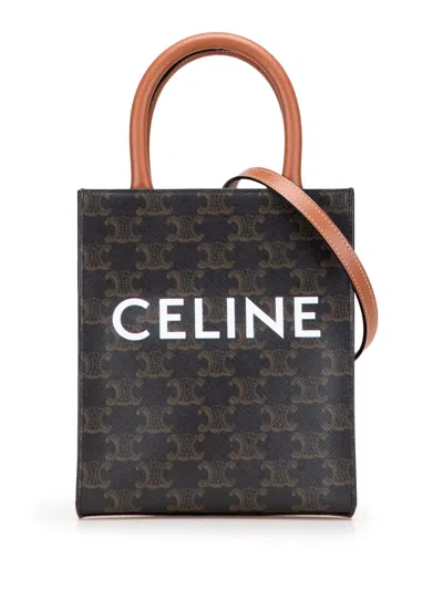 Pre-owned Celine 2018-2025 Mini Triomphe Coated Canvas Vertical Cabas Satchel In Brown