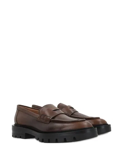 Santoni Leather Penny Loafers In Brown
