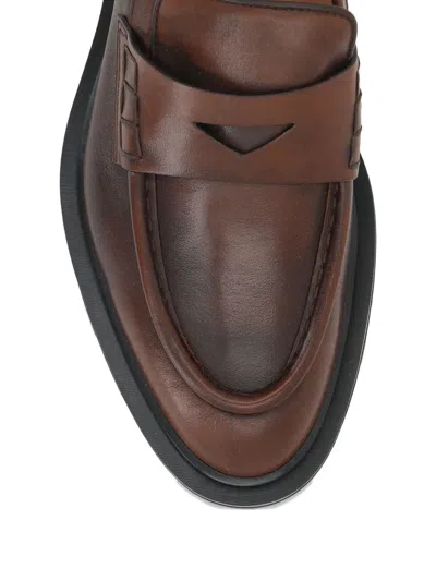 Santoni Leather Penny Loafers In Brown