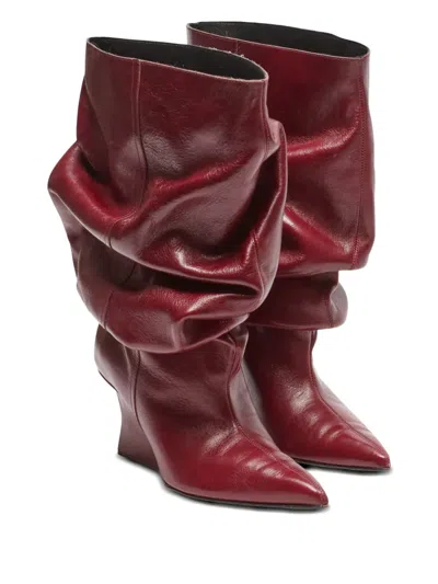 Balmain Textured Leather Wedge Ankle Boot In Red